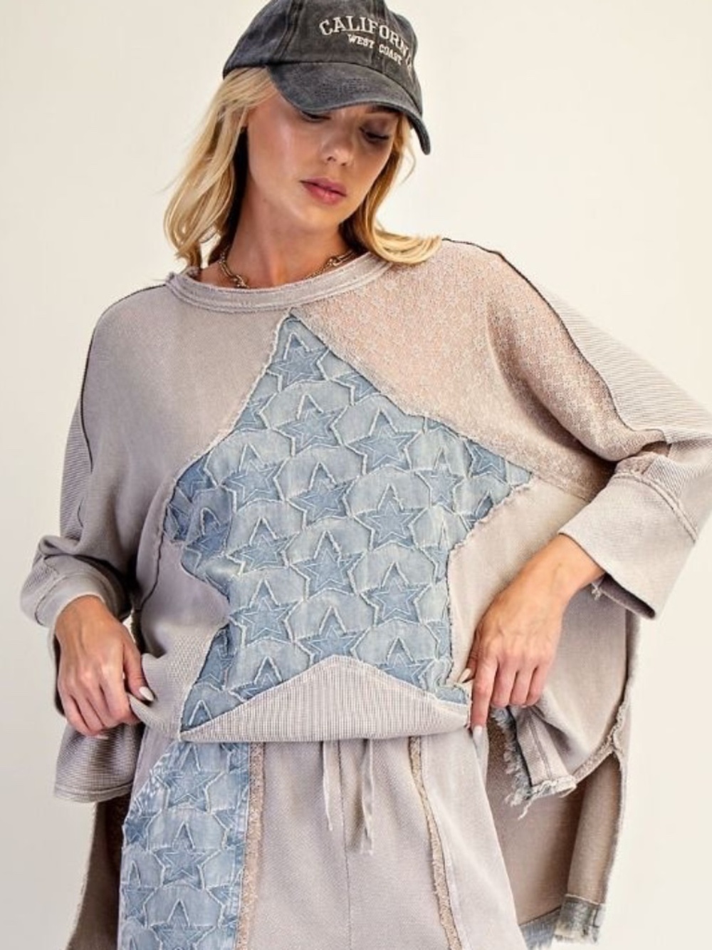 EASEL STAR PATCH DETAILING WASHED WAFFLE KNIT TOP OVERSIZED TOP SHIRT TUNIC BOHO